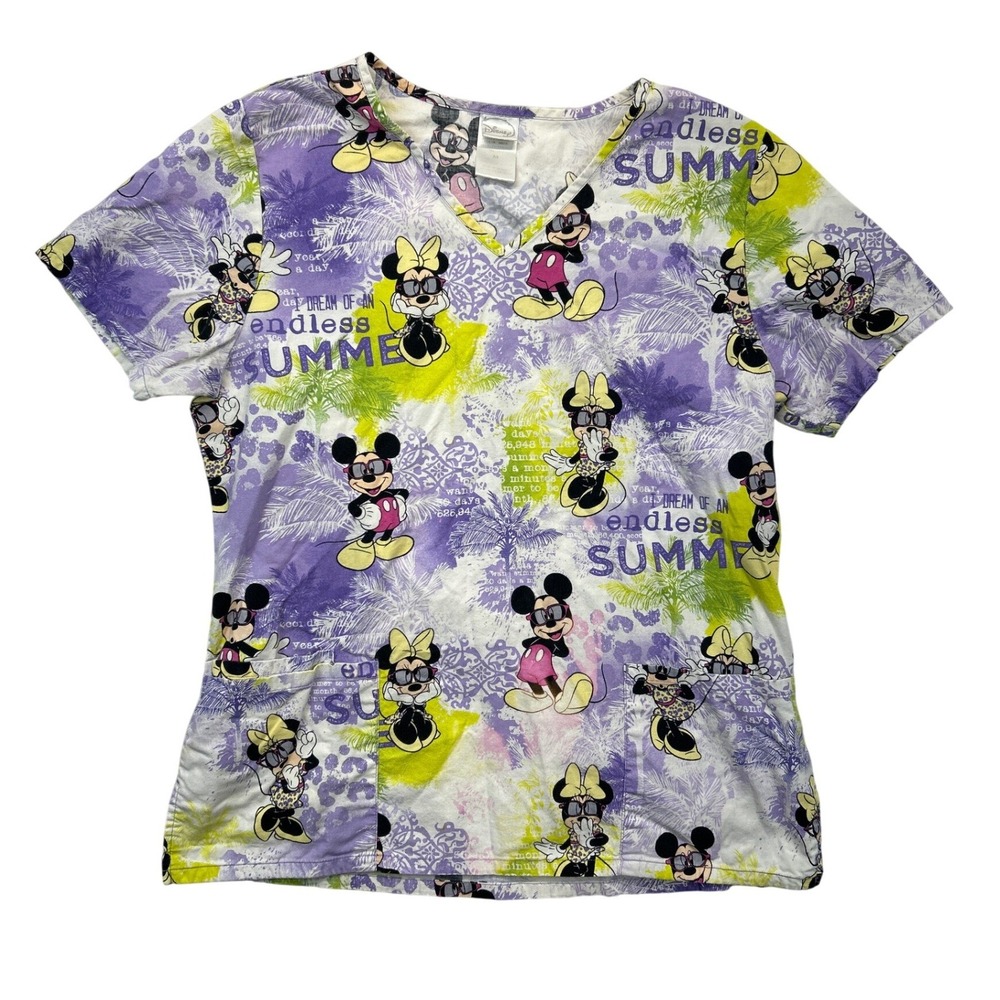 Disney Scrub Top Women M Purple Mickey Minnie Endless Summer V-Neck Pockets‎